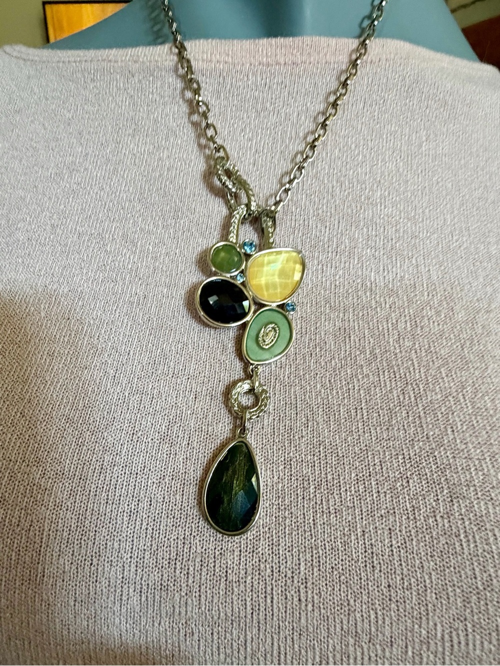 Lia Sophia Green Multi-Stone Drop Necklace with Silver-Tone Accents